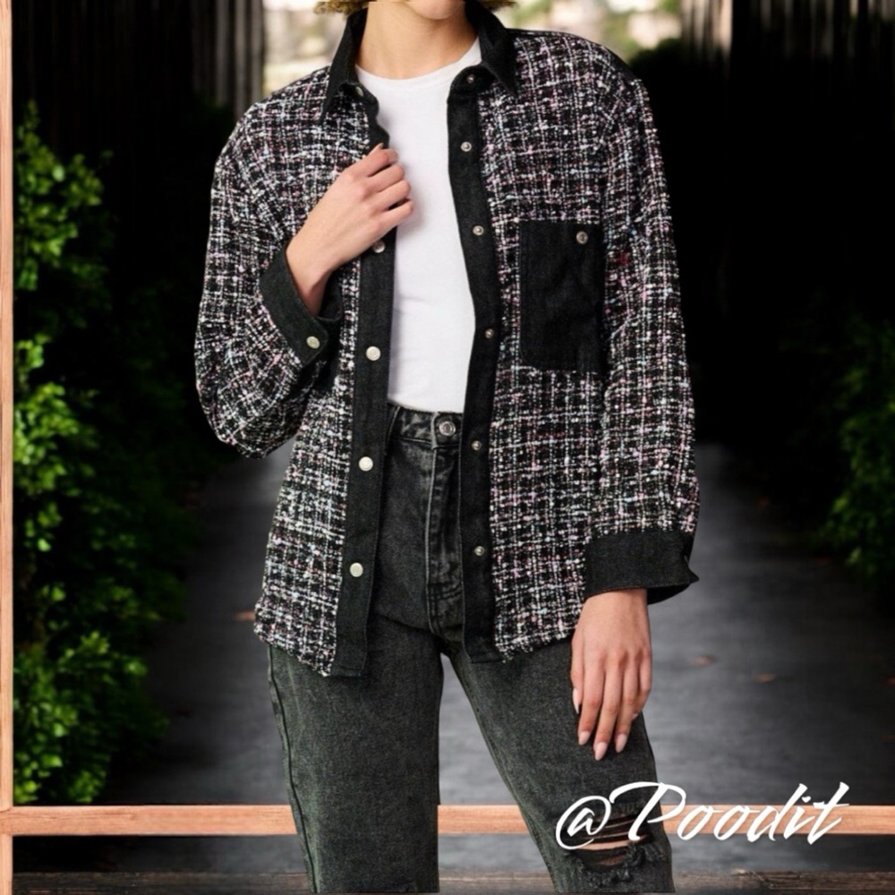 SIGNATURE EIGHT Denim contrast tweed shacket sz S M L - Picture 2 of 8